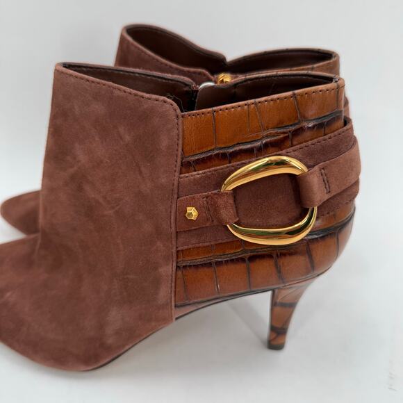 VINCE CAMUTO Selmente Boots SZ 8.5 NWOT Brown Suede Gold Heel Bootie Zipper Croc - Picture 4 of 15